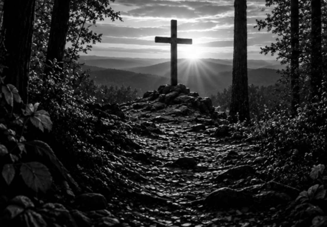 The original cover artwork of the flower-draped wooden cross against a golden sunset
